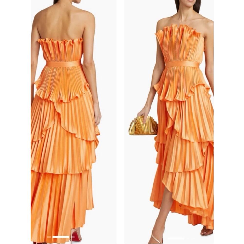 AMUR Janey Strapless Tiered Ruffle Orange Maxi Dress Size 4 - Picture 2 of 10